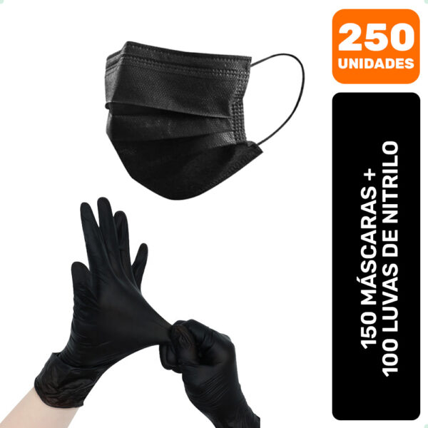 Kit 250 Máscaras Descartáveis + Luvas Nitrilo Preto