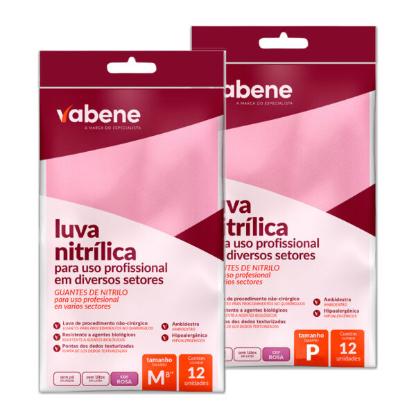 Luva Nitrílica Profissional Rosa Sem Pó 12 Unidades Vabene