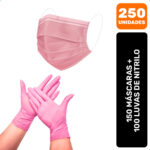 Kit 250 Máscaras Descartáveis + Luvas Nitrilo Rosa