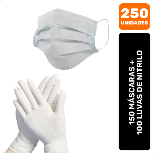 Kit 250 Máscaras Descartáveis + Luvas Nitrilo Branco