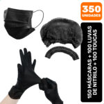 Kit 350 Máscaras Descartáveis + Luvas Nitrilo + Toucas Preto