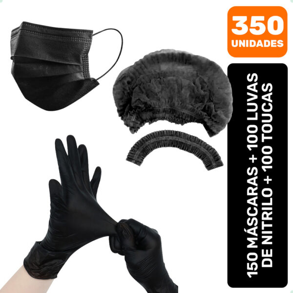 Kit 350 Máscaras Descartáveis + Luvas Nitrilo + Toucas Preto