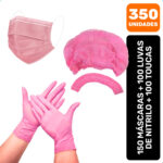 Kit 350 Máscaras Descartáveis + Luvas Nitrilo + Toucas Rosa