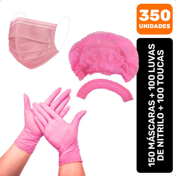 Kit 350 Máscaras Descartáveis + Luvas Nitrilo + Toucas Rosa