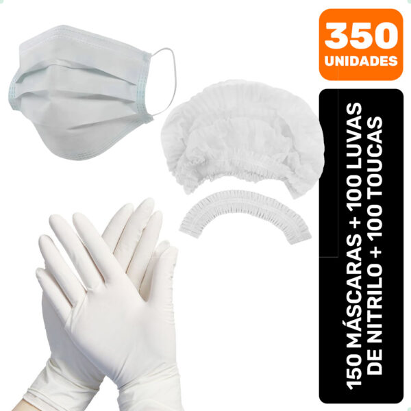 Kit 350 Máscaras Descartáveis + Luvas Nitrilo + Toucas Branco